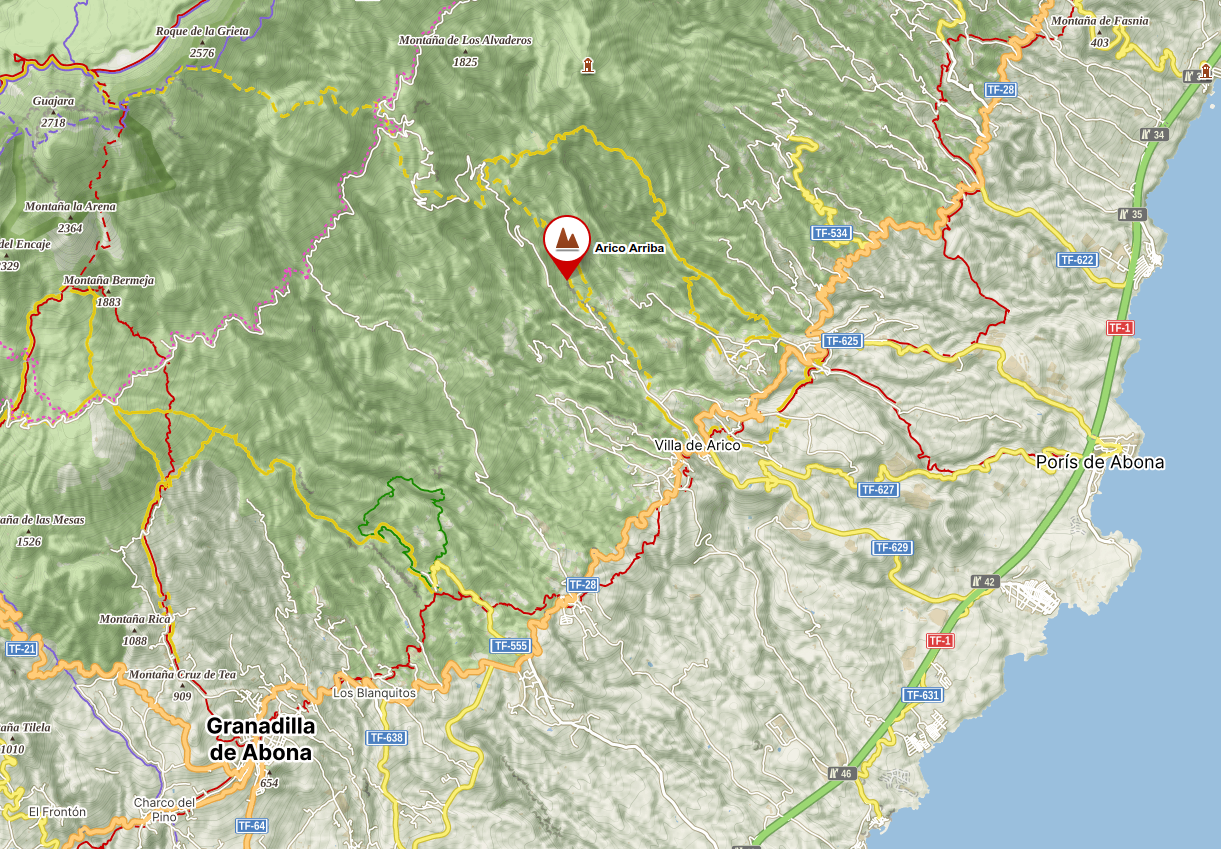 Mapa Tenerife s vyznačením Arico Arriba 
